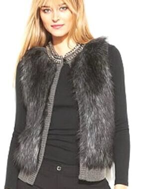 MICHAEL Michael Kors Gray Faux Fur Front Cable Knit Vest SILVER CHAIN DETAIL XL